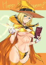 Rule 34 | 1girl, abs, aqua eyes, artist name, ashiomi masato, bikini, blonde hair, blush, book, breasts, cape, eyes visible through hair, fingerless gloves, gloves, glowing, guilty gear, guilty gear xrd, happy halloween, hat, heart, hip focus, large breasts, letterboxed, light trail, looking to the side, magic, millia rage, navel, open book, parted lips, pillarboxed, solo, swimsuit, thighhighs, thighs, toned, white gloves, witch hat, yellow bikini, yellow thighhighs