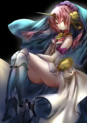 Rule 34 | 1girl, armor, armored boots, blue eyes, boots, breasts, bridal veil, cleavage, dress, elbow gloves, fate/apocrypha, fate/grand order, fate (series), flower, frankenstein&#039;s monster (fate), frown, gloves, hair flower, hair ornament, heterochromia, highres, horns, knee boots, looking at viewer, pink hair, rahato, see-through, see-through cleavage, short hair, single horn, small breasts, solo, thighs, veil, wedding dress, white dress, white gloves, yellow eyes