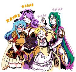 Rule 34 | 4girls, artist request, blonde hair, blue eyes, blue hair, breasts, camilla (fire emblem), cecilia (fire emblem), eirika (fire emblem), fire emblem, fire emblem: the binding blade, fire emblem: the sacred stones, fire emblem awakening, fire emblem fates, green eyes, green hair, highres, large breasts, lissa (fire emblem), multiple girls, nintendo, purple hair, simple background, tagme, white background