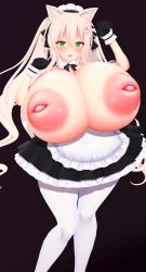 Rule 34 | 1girl, 3d, absurdres, animal ear fluff, animal ears, blonde hair, breasts, breasts out, cat ears, cat girl, dark background, gigantic breasts, gloves, green eyes, highres, inverted nipples, long hair, maid, open mouth