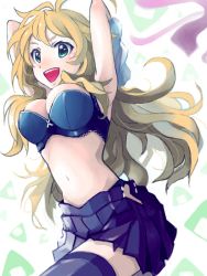 Rule 34 | 1girl, :d, blonde hair, bra, breasts, cleavage, green eyes, hoshii miki, idolmaster, idolmaster (classic), lingerie, long hair, midriff, mistrail, navel, open mouth, skirt, smile, solo, thighhighs, underwear, undressing, very long hair
