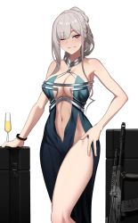 Rule 34 | 1girl, ak-12, ak-12 (girls&#039; frontline), ak-12 (quiet azure) (girls&#039; frontline), armpits, assault rifle, bare arms, bare shoulders, blue dress, breasts, center opening, cero (last2stage), champagne flute, cleavage, cup, dress, drinking glass, girls&#039; frontline, grin, gun, hand on own hip, highres, kalashnikov rifle, large breasts, long hair, looking at viewer, navel, no panties, official alternate costume, one eye closed, ponytail, red eyes, rifle, side slit, silver hair, sleeveless, sleeveless dress, smile, solo, standing, thighs, weapon, wristband