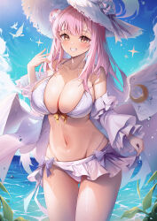 Rule 34 | 1girl, absurdres, angel wings, bare shoulders, bikini, bikini skirt, bird, blue archive, blue sky, blush, bow, breasts, cleavage, collarbone, crescent, day, detached sleeves, feathered wings, frilled bikini, frilled ribbon, frilled sleeves, frills, glint, gluteal fold, gradient hair, groin, hair bun, hair ribbon, halo, hat, highres, huge breasts, long hair, looking at viewer, low wings, mika (blue archive), multicolored hair, muo (muojjang 0929), navel, ocean, outdoors, pink hair, plant, purple bow, ribbon, seagull, side-tie bikini bottom, single side bun, sky, smile, solo, standing, stomach, sun hat, sweat, swimsuit, teeth, thighs, very long hair, water, white bikini, white hat, white ribbon, white sleeves, white wings, wing ornament, wings, yellow bow, yellow eyes