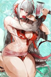 Rule 34 | 1girl, arknights, bikini, breasts, demon horns, grey hair, highres, holding, horns, large breasts, looking at viewer, navel, red eyes, short hair, solo, swimsuit, tail, w (arknights), wet, wet clothes, yuki flourish