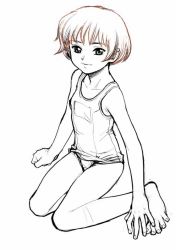 Rule 34 | 1girl, barefoot, brown hair, collarbone, feet, fingernails, flat chest, full body, hands on feet, kneeling, light smile, looking at viewer, minazuki juuzou, monochrome, one-piece swimsuit, school swimsuit, short hair, simple background, sketch, smile, solo, spot color, swimsuit, toenails, toes, white background