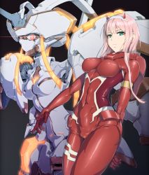 Rule 34 | 10s, 1girl, aqua eyes, arm behind back, bodysuit, breasts, cameltoe, commentary request, covered navel, darling in the franxx, glowing, glowing eyes, hairband, hand behind, horns, legs together, light trail, long hair, looking at viewer, mecha, medium breasts, nandz, parted lips, pilot suit, pink hair, red bodysuit, red eyes, robot, shiny skin, skin tight, solo, standing, straight hair, strelizia, teeth, white hairband, zero two (darling in the franxx)