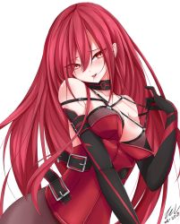 Rule 34 | 1girl, 2017, artist name, bare shoulders, black gloves, black neckwear, breasts, brown pantyhose, choker, collarbone, commentary request, crimson avenger (elsword), dated, elbow gloves, elesis (elsword), elsword, eyes visible through hair, gloves, gradient eyes, hair between eyes, hair in own mouth, half-closed eyes, hand up, leotard, long hair, medium breasts, mouth hold, multicolored eyes, orange eyes, pantyhose, pink lips, pulled by self, red eyes, red hair, red leotard, saliva, scarlet zel, signature, simple background, skindentation, slit pupils, solo, strap pull, tongue, tongue out, upper body, very long hair, white background, yellow eyes