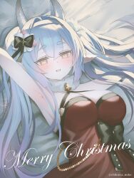 Rule 34 | 1girl, animal ears, arm up, armpits, bell, black bow, blue hair, blush, bow, breasts, catura (granblue fantasy), catura (holiday) (granblue fantasy), christmas, cleavage, granblue fantasy, hair bow, hairband, horns, large breasts, long hair, looking at viewer, lying, merry christmas, narusegawa riko, neck bell, on back, open mouth, solo, upper body, yellow eyes