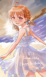 Rule 34 | 1girl, alternate hairstyle, antenna hair, artist name, artist request, bare shoulders, beach, blush, bow, braid, breasts, cleavage, cloud, collarbone, dress, female focus, frill trim, frills, hair bow, halter dress, halterneck, highres, holding, holding clothes, holding skirt, jewelry, looking at viewer, looking back, love live!, love live! school idol festival, love live! school idol festival all stars, love live! sunshine!!, medium breasts, necklace, neruneruko122, ocean, off-shoulder dress, off shoulder, orange hair, outdoors, parted lips, red eyes, short hair, skirt, sky, sleeveless, sleeveless dress, smile, solo, star (symbol), star necklace, sunset, takami chika, twintails, white bow, white dress