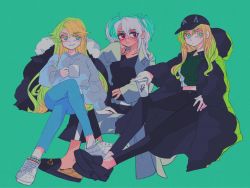 Rule 34 | 3girls, alternate costume, anno88888, bad id, bad twitter id, black coat, black footwear, black pants, blonde hair, blue eyes, blue pants, blue sweater, breasts, closed mouth, coat, crossed legs, cup, dark-skinned female, dark skin, disposable cup, green background, green sweater, grey coat, grin, highres, holding, holding cup, hood, hood down, iowa (kancolle), kantai collection, long hair, long sleeves, multiple girls, musashi (kancolle), nelson (kancolle), open clothes, open mouth, pants, red eyes, ribbed sweater, shoes, sidelocks, simple background, sitting, smile, sneakers, star-shaped pupils, star (symbol), sweater, symbol-shaped pupils, twintails, white hair