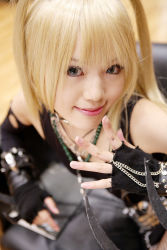 Rule 34 | 1girl, amane misa, amane misa (cosplay), asian, blade, blonde hair, blue eyes, breasts, color contacts, cosplay, death note, elbow gloves, fingerless gloves, gloves, highres, indoors, kipi-san, lace, long hair, looking at viewer, photo (medium), small breasts, solo, torn clothes, two side up