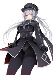 Rule 34 | 1girl, black hat, black pantyhose, black scarf, breasts, dress, duel monster, gloves, grey hair, hat, highres, holding, holding sword, holding weapon, large breasts, long hair, long sleeves, necktie, pantyhose, peaked cap, red eyes, scarf, seto mz3230, sky striker ace - roze, solo, sword, twintails, two-tone dress, weapon, yu-gi-oh!