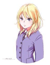 Rule 34 | 1girl, blonde hair, character request, closed mouth, collared shirt, dated, girls und panzer, highres, horikou, jacket, long sleeves, looking at viewer, medium hair, necktie, one-hour drawing challenge, purple eyes, purple jacket, serious, shirt, signature, simple background, solo, striped necktie, striped neckwear, white background, white shirt, wing collar