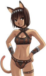 Rule 34 | 00s, 1girl, animal ears, bikini, bracer, brown eyes, brown hair, cat ears, cat girl, cat tail, female focus, final fantasy, final fantasy xi, hairband, hands on own hips, mithra (ff11), solo, swimsuit, tail, thigh strap, wrist guards