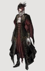 Rule 34 | 1girl, absurdres, black dress, bloodborne, cape, character request, dress, hanny (uirusu chan), highres, looking at viewer, pale skin, red dress, red hair, solo, tagme, white background