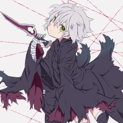 Rule 34 | 1girl, an apple akaao, bandaged arm, bandages, black thighhighs, dagger, facial scar, fate/apocrypha, fate (series), green eyes, grey hair, holding, holding dagger, holding knife, holding weapon, jack the ripper (fate/apocrypha), knife, looking at viewer, scar, scar across eye, scar on cheek, scar on face, short hair, solo, thighhighs, torn clothes, weapon