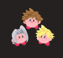 Rule 34 | blonde hair, blue eyes, brown hair, cloud strife, cloud strife (cosplay), copy ability, cosplay, final fantasy, final fantasy vii, final fantasy vii advent children, highres, kingdom hearts, kingdom hearts i, kirby, kirby (series), looking at viewer, nintendo, rizu (rizunm), sephiroth, sephiroth (cosplay), simple background, smile, sora (kingdom hearts), square enix, super smash bros., white hair
