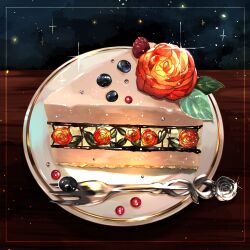 Rule 34 | blueberry, cake, flower, food, food focus, fork, fruit, leaf, no humans, original, plate, rose, sparkle, still life, tsukimi tsumugu