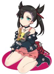 Rule 34 | 1girl, ankle boots, aqua eyes, arm at side, asymmetrical bangs, backpack, bag, bare shoulders, black footwear, black hair, black jacket, blush, boots, closed mouth, collarbone, creatures (company), dress, earrings, eating, full body, game freak, gen 8 pokemon, grey hair, hair ribbon, holding, holding pokemon, jacket, jewelry, k-y, long hair, looking at viewer, looking back, marnie (pokemon), morpeko, morpeko (full), nintendo, off shoulder, open clothes, open jacket, panties, pantyshot, pink dress, pokemon, pokemon (creature), pokemon swsh, red ribbon, ribbon, short dress, sitting, stud earrings, twintails, underwear, upskirt, wariza, white dress