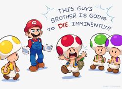 Rule 34 | 2boys, 3others, annoyed, blue eyes, brown hair, coin, facial hair, full body, gloves, gold coin, hat, highres, mario, mario (series), multiple boys, multiple others, mustache, nervous, nintendo, open mouth, screaming, speech bubble, talking, the super mario bros. movie, toad (mario), vinny (dingitydingus)