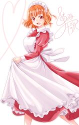 Rule 34 | 1girl, absurdres, apron, hetian-wei, highres, long sleeves, looking at viewer, love live!, love live! sunshine!!, medium hair, open mouth, orange hair, red eyes, solo, standing, takami chika