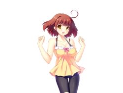 Rule 34 | 1girl, antenna hair, ayase hazuki, bare shoulders, bike shorts, braid, breasts, brown hair, cleavage, game cg, grand cru bourgeois, happy, large breasts, legs, looking at viewer, momose nonoa, nukidoki!, open mouth, short hair, simple background, smile, solo, standing, thighs, yellow eyes