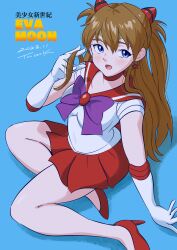 Rule 34 | 1girl, 2023, :o, absurdres, arm support, bare legs, bishoujo senshi sailor moon, blue background, blue eyes, bow, bowtie, breasts, brown hair, choker, color connection, cosplay, crossed arms, dated, earrings, elbow gloves, floating hair, gloves, hair ornament, hand in own hair, highres, interface headset, jewelry, large breasts, long hair, looking at viewer, magical girl, medium breasts, miniskirt, neon genesis evangelion, open mouth, pleated skirt, purple bow, purple bowtie, red choker, red sailor collar, red skirt, sailor collar, sailor mars, sailor mars (cosplay), sailor senshi uniform, shiny skin, short sleeves, simple background, sitting, skirt, solo, souryuu asuka langley, star (symbol), star earrings, tsunemoku, two side up, white gloves