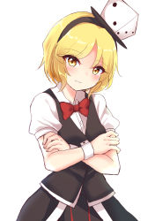 Rule 34 | 1girl, black hairband, black vest, blonde hair, bow, bowtie, breasts, collared shirt, cowboy shot, crossed arms, dice, dice hair ornament, eyes visible through hair, genderswap, genderswap (otf), hair ornament, hairband, highres, len&#039;en, ougi hina, parted bangs, parted lips, puffy short sleeves, puffy sleeves, red bow, red bowtie, shirt, short hair, short sleeves, simple background, small breasts, smile, solo, vest, white background, white shirt, xeno a, yellow eyes