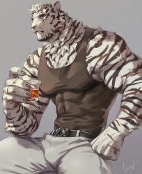 Rule 34 | 1boy, animal ears, arknights, bara, bare arms, bare shoulders, belt, black belt, black tank top, bulge, covered abs, cup, drinking glass, furry, furry male, gentle2nd, large pectorals, looking at viewer, male focus, mountain (arknights), muscular, muscular male, pants, pectorals, scar, scar across eye, scar on arm, scar on face, short hair, sidepec, solo, spread legs, tank top, thick thighs, thighs, tiger boy, tiger ears, tiger stripes, tight clothes, tight pants, white fur, white pants