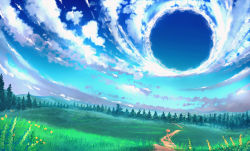 advarcher bad_id bad_pixiv_id blue_sky cloud cloudy_sky day fate/grand_order fate_(series) flower forest grass hill nature no_humans outdoors road scenery sign sky tree