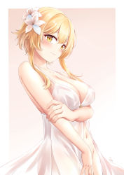 Rule 34 | 1girl, arm under breasts, babydoll, bare shoulders, blush, border, breasts, cleavage, closed mouth, collarbone, cowboy shot, flower, genshin impact, groin, hair flower, hair ornament, highres, large breasts, looking at viewer, lumine (genshin impact), no panties, outside border, pink background, pink flower, sebu illust, short hair with long locks, sidelocks, signature, simple background, solo, strap slip, white border, yellow eyes