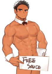 Rule 34 | 1boy, abs, bara, bare pectorals, black hair, blush, bow, bowtie, covering privates, covering crotch, cowboy shot, detached collar, gondom, highres, large pectorals, male focus, muscular, navel, navel hair, nipples, nude, original, pectorals, short hair, sideburns, solo, thighs, white background, wrist cuffs