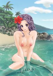 Rule 34 | 1girl, bad id, bad pixiv id, barefoot, beach, blush, breasts squeezed together, breasts, day, female focus, flower, hair flower, hair ornament, hibiscus, kara-age daisuki, large breasts, long hair, looking at viewer, nipples, nude, ocean, original, outdoors, palm tree, purple eyes, purple hair, rock, sitting, solo, tree, water, wavy hair