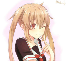 Rule 34 | 10s, 1girl, bad id, bad pixiv id, black serafuku, blonde hair, brown eyes, from side, hair between eyes, kanden sky, kantai collection, looking at viewer, murasame (kancolle), neckerchief, one eye closed, red neckerchief, school uniform, serafuku, short sleeves, simple background, smile, solo, twintails, upper body, white background, wink