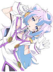 Rule 34 | 1boy, bare shoulders, bent over, blue eyes, blush, bright pupils, gloves, hacka doll, hacka doll 3, ixy, long hair, looking at viewer, male focus, off shoulder, open mouth, purple hair, shorts, shorts under skirt, solo, trap, white background, white gloves, white pupils, wrist cuffs