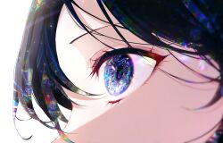 Rule 34 | 1girl, 58 (opal 00 58), black hair, blue eyes, blurry, blurry foreground, close-up, commentary, depth of field, english commentary, eye focus, eyelashes, from side, gradient eyes, hair over one eye, highres, light rays, looking away, multicolored eyes, one eye covered, original, rainbow, shadow, sidelighting, simple background, solo, white background