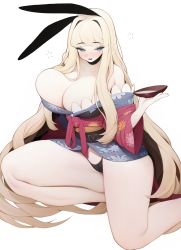Rule 34 | 1girl, absurdres, alcohol, animal ears, bare shoulders, black panties, blonde hair, blush, breasts, collarbone, cup, drunk, fake animal ears, grey eyes, highres, holding, holding cup, large breasts, long hair, long sleeves, mole, mole under eye, open mouth, original, panties, rabbit (wlsdnjs950), rabbit ears, sakazuki, sake, simple background, skindentation, smile, solo, squeans, tongue, underwear, very long hair, white background, wide sleeves