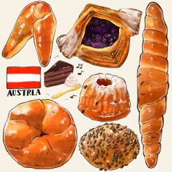 Rule 34 | austrian flag, bread, cake, cake slice, dessert, food, food focus, fork, highres, miri illust, musical note, no humans, original, pastry, whipped cream
