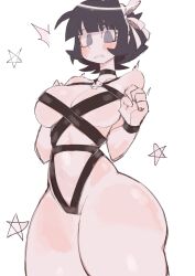 Rule 34 | 1girl, azazel (helltaker), blac, black hair, blush, breasts, choker, cleavage, hair ribbon, halo, helltaker, highres, large breasts, revealing clothes, ribbon, short hair, sideboob, star (symbol), thick thighs, thighs, underboob, usa37107692, wide hips, wrapped up