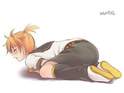 Rule 34 | 1boy, androgynous, blonde hair, blush, child, hirohide, kagamine len, male focus, necktie, ponytail, shirt, shorts, simple background, solo, t-shirt, tagme, vocaloid, white background