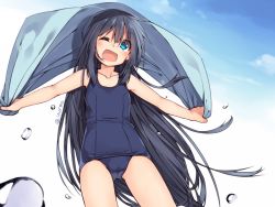 Rule 34 | 1girl, ;d, adyisu, aqua eyes, black hair, blue sky, blush, collarbone, cowboy shot, day, flat chest, holding, holding towel, long hair, looking at viewer, one-piece swimsuit, one eye closed, open mouth, original, outdoors, school swimsuit, sky, smile, solo, swimsuit, tareme, thighs, towel, twitter username, very long hair, water drop