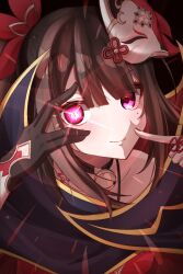 Rule 34 | 1girl, bell, black choker, blush, bow, brown hair, choker, close-up, closed mouth, collarbone, finger to mouth, fox mask, glint, glowing, glowing eye, hair between eyes, hair bow, highres, honkai: star rail, honkai (series), index finger raised, looking at viewer, mask, mask on head, neck bell, pink eyes, portrait, red bow, shayaka (sya 0 0), smile, solo, sparkle (honkai: star rail), twintails, v over eye