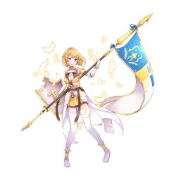 Rule 34 | #compass, 1girl, arm up, blonde hair, blue eyes, blush, boots, breasts, cape, cleavage, dress, elbow gloves, feathers, female focus, flag, full body, gauntlets, gloves, grey gloves, highres, holding, holding polearm, holding shield, holding spear, holding weapon, jeanne d&#039;arc (#compass), komine, light blush, looking to the side, medium breasts, official art, open mouth, pigeon-toed, polearm, shield, short dress, short hair, sidelocks, simple background, sleeveless, sleeveless dress, solo, spear, standing, thigh boots, thighhighs, third-party source, waist cape, weapon, white background, white cape, white footwear, white thighhighs, yellow dress, zettai ryouiki