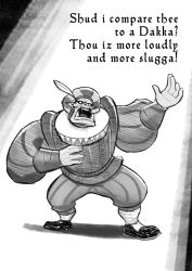 Rule 34 | 1boy, arm up, collar, english text, feather beret, greyscale, hat feather, lutherniel, monochrome, orc, ork (warhammer), shoes, teeth, warhammer 40k
