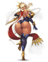 Rule 34 | 1girl, absurdres, ankle boots, ass, bare shoulders, blonde hair, boots, breasts, brown eyes, closed mouth, commentary, curvy, dark-skinned female, dark skin, elbow gloves, elf, full body, gloves, gurimjang, hair ornament, high heel boots, high heels, highres, holding, holding weapon, large breasts, leotard, lips, long hair, looking at viewer, ninja, original, pointy ears, reverse grip, scarf, shiny clothes, shiny skin, simple background, solo, strapless, strapless leotard, thigh gap, thighhighs, thighs, tiara, weapon