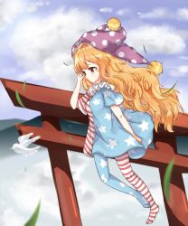 Rule 34 | 1girl, american flag dress, american flag legwear, bird, blonde hair, blue dress, blue pants, blue sky, breasts, closed mouth, cloud, cloudy sky, clownpiece, dress, flying, hand up, hat, jester cap, long hair, looking to the side, medium breasts, mountain, multicolored clothes, multicolored dress, multicolored pants, no shoes, pants, petals, polka dot, pom pom (clothes), purple hat, red dress, red eyes, red pants, short sleeves, sky, solo, star (symbol), star print, striped clothes, striped dress, torii, touhou, white dress, white pants, wings, zhi xixi