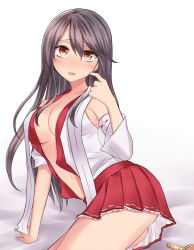 Rule 34 | 10s, 1girl, ass, black hair, blush, breasts, brown eyes, cleavage, hair between eyes, hairband, haruna (kancolle), unworn headgear, highres, kantai collection, long hair, neit ni sei, nontraditional miko, open clothes, skirt, solo, sweatdrop