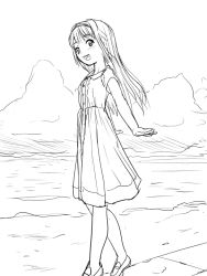 Rule 34 | 1girl, :d, cloud, commentary request, dress, greyscale, hairband, happy, long hair, looking at viewer, monochrome, nannaru (nananana), ocean, open mouth, original, outdoors, pier, shore, sky, smile, solo, standing, sundress, walking, water