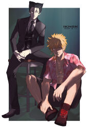 Rule 34 | 2boys, artist name, bakemonogatari, black footwear, black hair, black jacket, black pants, black shorts, black vest, blonde hair, boots, border, brown eyes, brown footwear, cigarette, closed mouth, collared shirt, commentary, dated, dress shirt, earrings, elbow rest, floral print, floral print shirt, formal, hair slicked back, hand on own ankle, hawaiian shirt, highres, iknsk, indoors, inverted cross earrings, inverted cross necklace, jacket, jewelry, kaiki deishuu, loafers, long sleeves, looking at viewer, male focus, monogatari (series), mouth hold, multiple boys, muscular, muscular male, on floor, on ground, on stool, one eye closed, open clothes, open shirt, oshino meme, outside border, own hands together, pale skin, pants, parted lips, pink shirt, shadow, shirt, shoes, short sleeves, shorts, single earring, sitting, smile, smoking, spiked hair, spread legs, stool, suit, suit jacket, vest, waistcoat, white border, white shirt