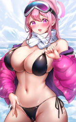 Rule 34 | 1girl, absurdres, bikini, black bikini, blue archive, blush, breasts, commentary request, eimi (blue archive), eimi (swimsuit) (blue archive), fingernails, goggles, goggles on head, halo, highres, jacket, large breasts, looking at viewer, navel, official alternate costume, open clothes, open jacket, open mouth, outdoors, pink halo, pink jacket, queencho, revision, scarf, side-tie bikini bottom, smile, solo, swimsuit, thighs, white scarf